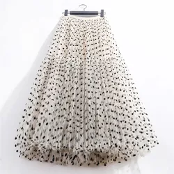 Jupe élégante en tulle à pois pour femmes, décontractée, en maille élastique, taille haute, ligne A, fête, plage, princesse, midi plissée