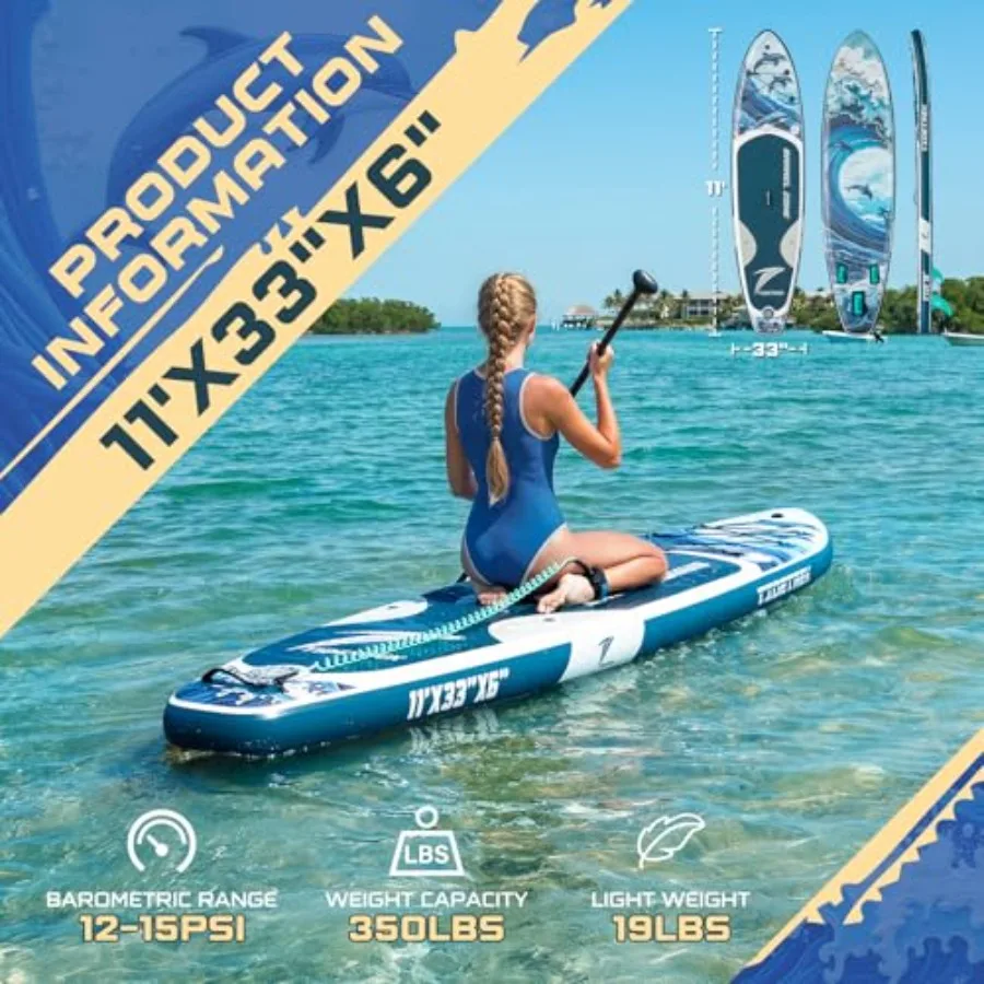 Inflatable SUP Paddle Board for lakes and calm waters PVC drop-stitch material navy blue extra-wide 34 for enhanced stability a