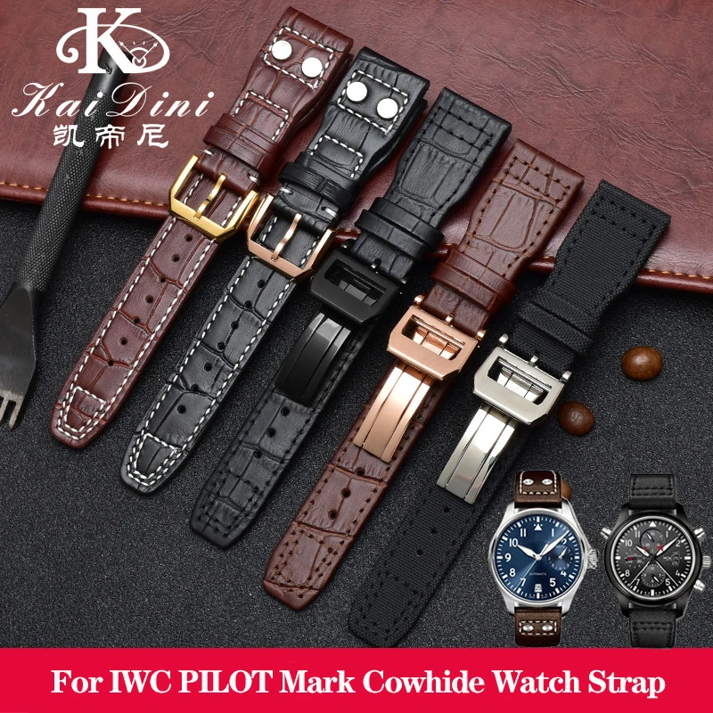 21mm 22mm Genuine Leather Watch Band for IWC PILOT Mark IW500916 Cowhide Strap Bamboo Grain Rivets Watchband Brown Black Blue