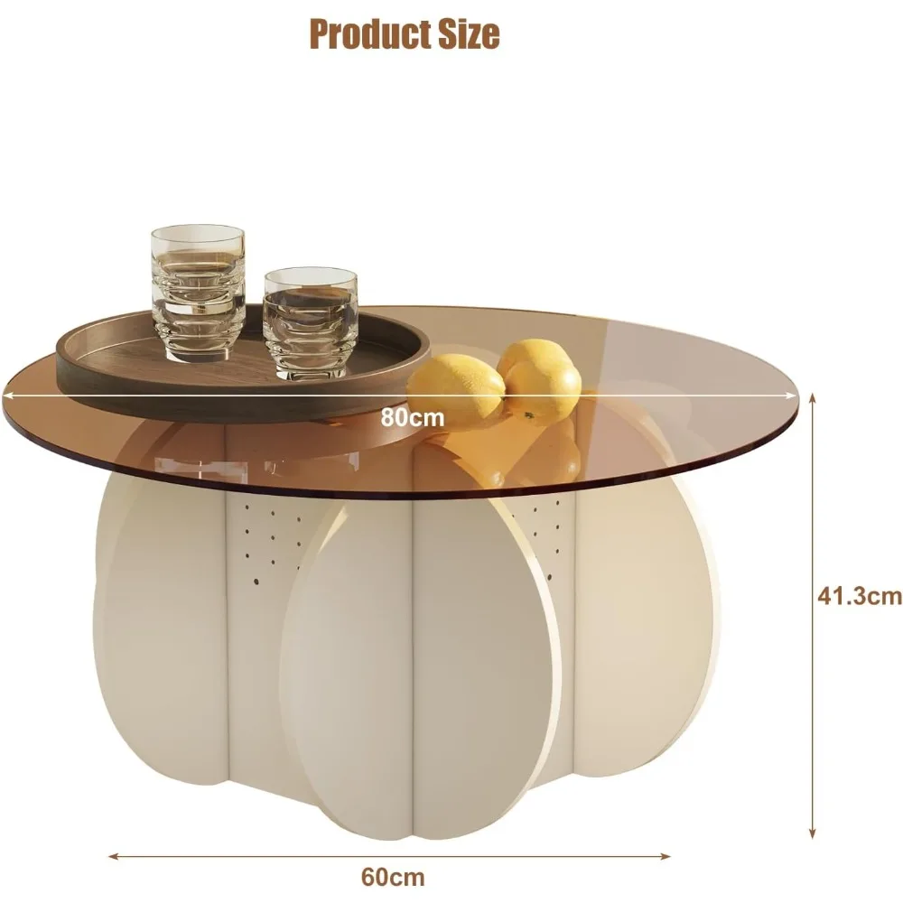 Circular Coffee Table with Glass Countertop, Central Table with Storage Space, 32 Inch White and Brown Glass Coffee Table