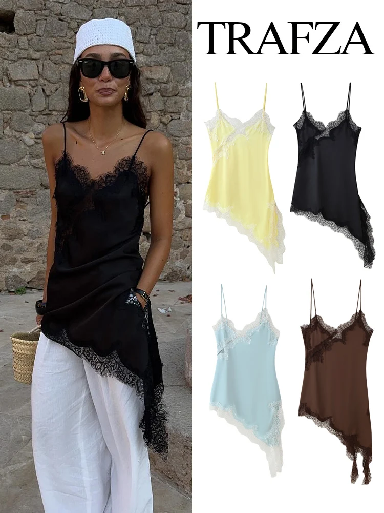 

HH 2025 Woman Fashion Sexy Backless V Neck Party Style Sleeveless Dress Female Chic Asymmetry Lace Decorate Slim Sling Dress