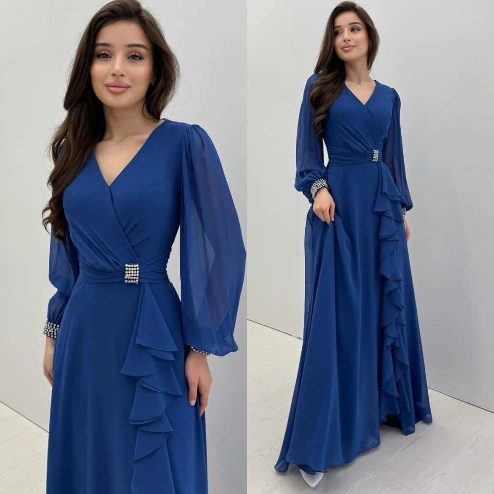 

Customized Luxury Chiffon Evening Dress Delicate Long Sleeves V-Neck Prom Dresses Temperament Ruffles Special Occasion Gowns