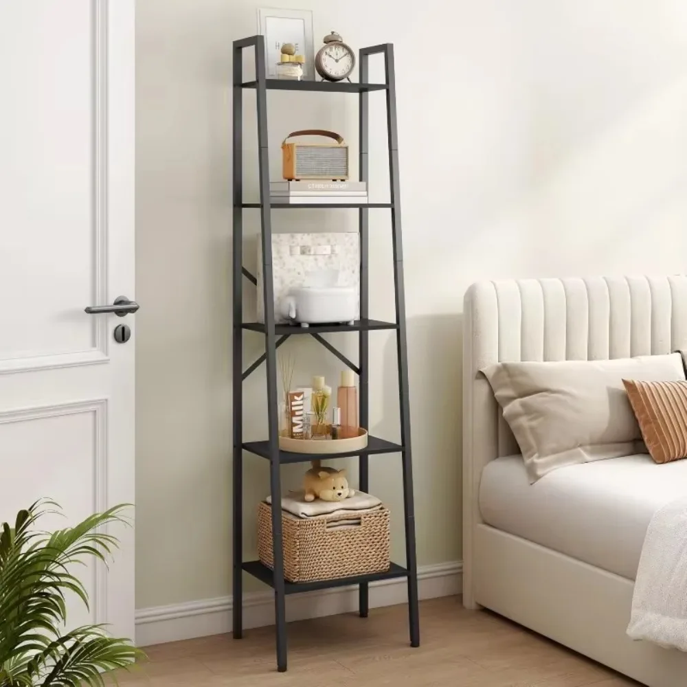 

New upgrade 5-Tier Industrial Ladder Bookshelf, Narrow Ladder Shelf, Tall Standing Bookshelf, Skinny Open Ladder Shelf