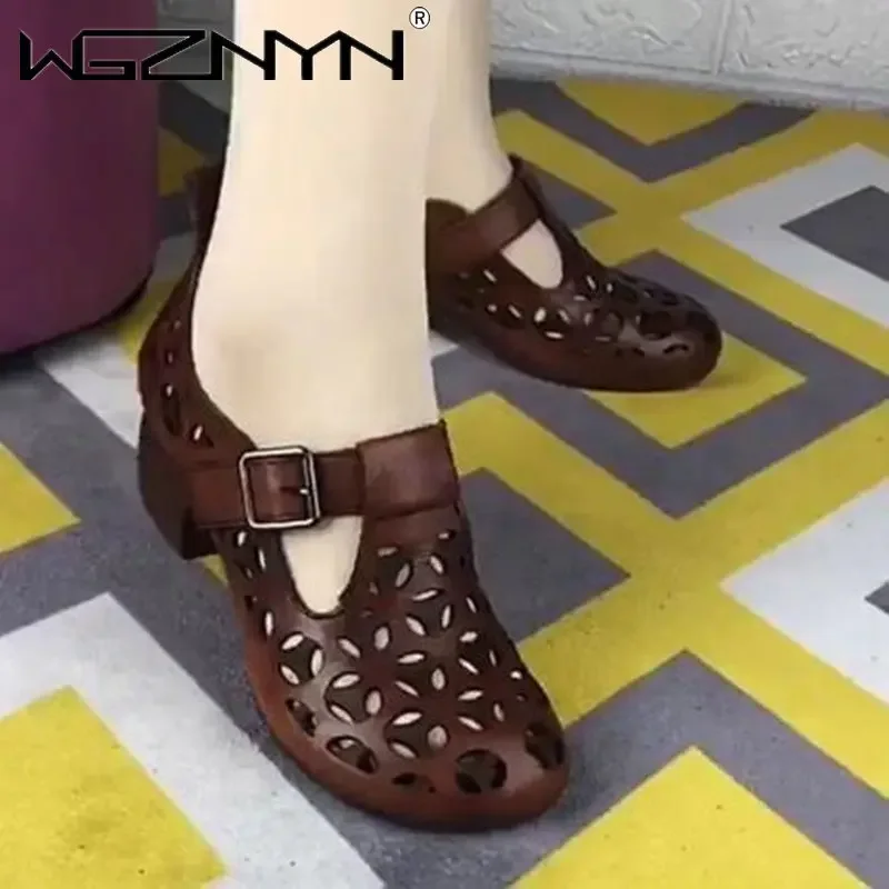 NEW Hollow Women Pump Fishnet Mesh Sandals 2023 Summer Handmade Retro Female Shoes Square Toe Sandals Women Heels Hsigh Sandals