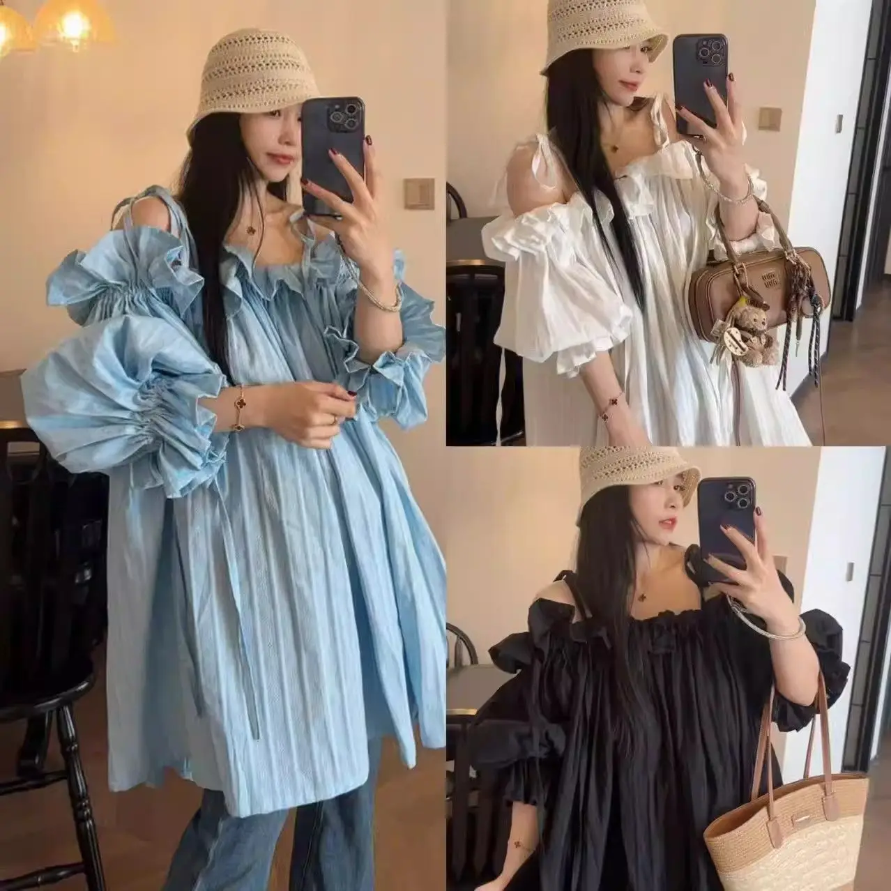 

Sweet Girl Tiancai! Light Blue Ruffled Off-shoulder Top, Meet The Romantic Summer