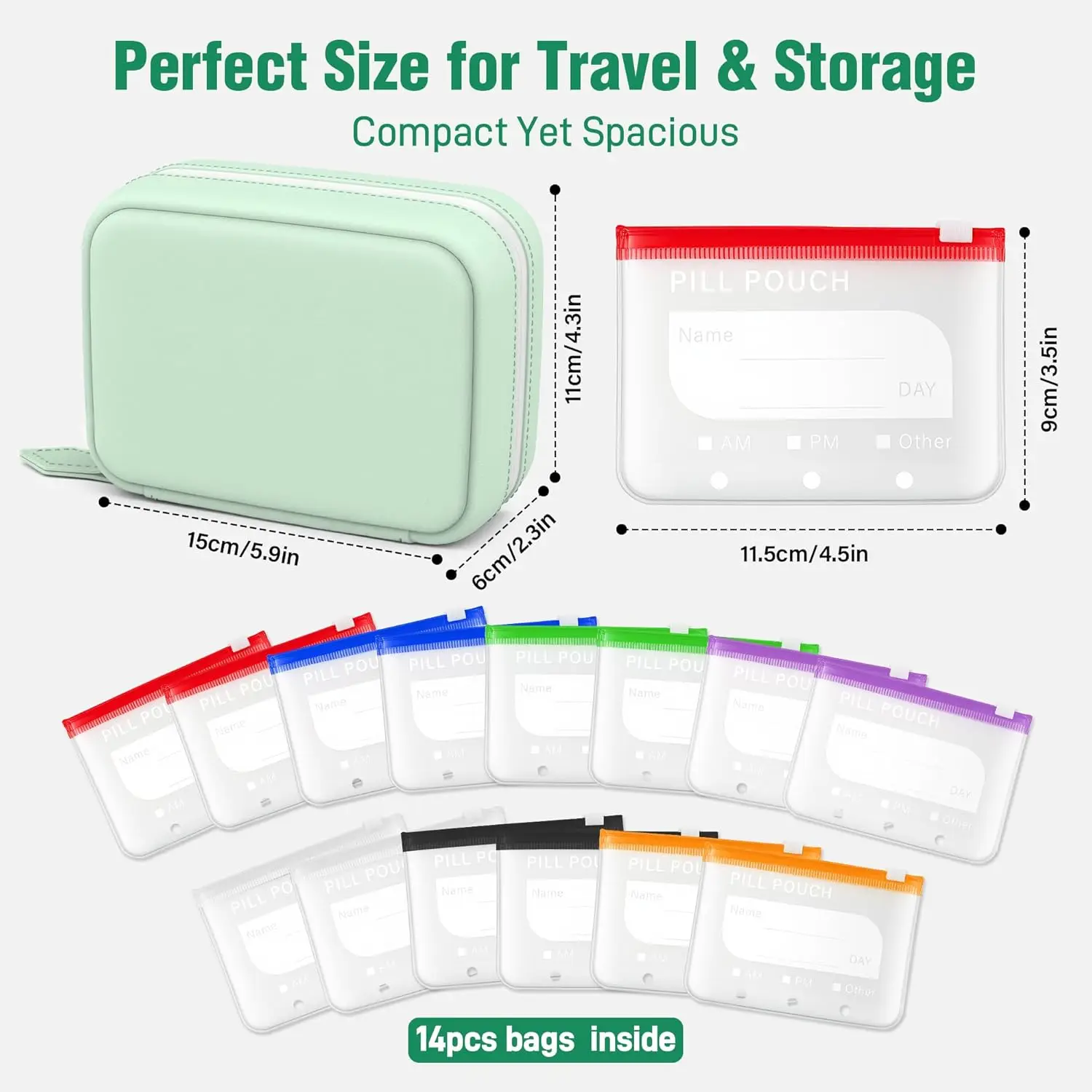 A8 Portable Travel Weekly Pill Organizer Set 14 Color-Coded Waterproof Medicine Pouches Reusable Zipper Pill Box Bag Dispenser Container for Vitamins Supplements Fish Oil Storage view 2