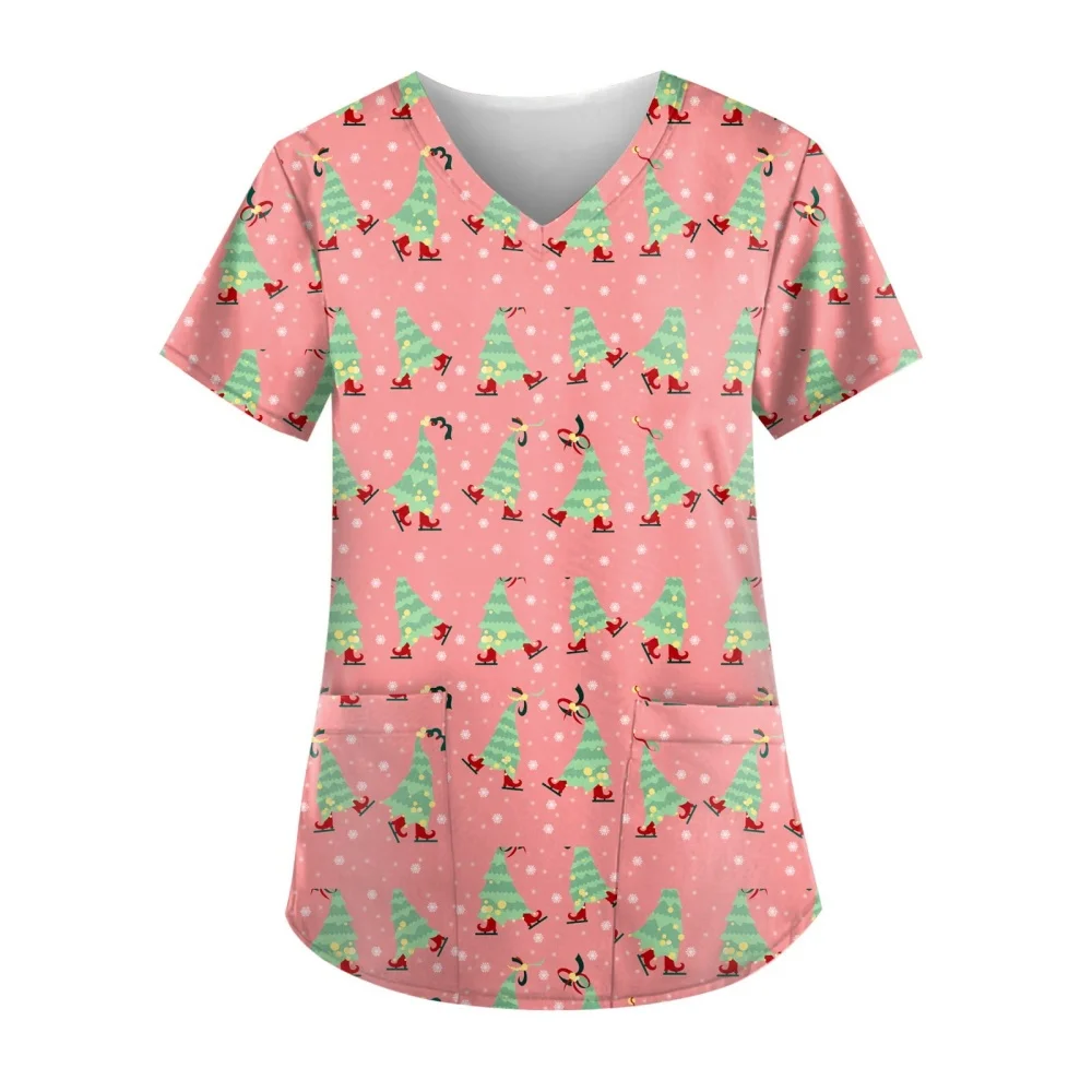 

Sanitary Uniform Woman Cute Snowman Prints V-Neck Short Sleeve Pockets in Micro-Elastic Material Tops Clinical Uniforms Woman