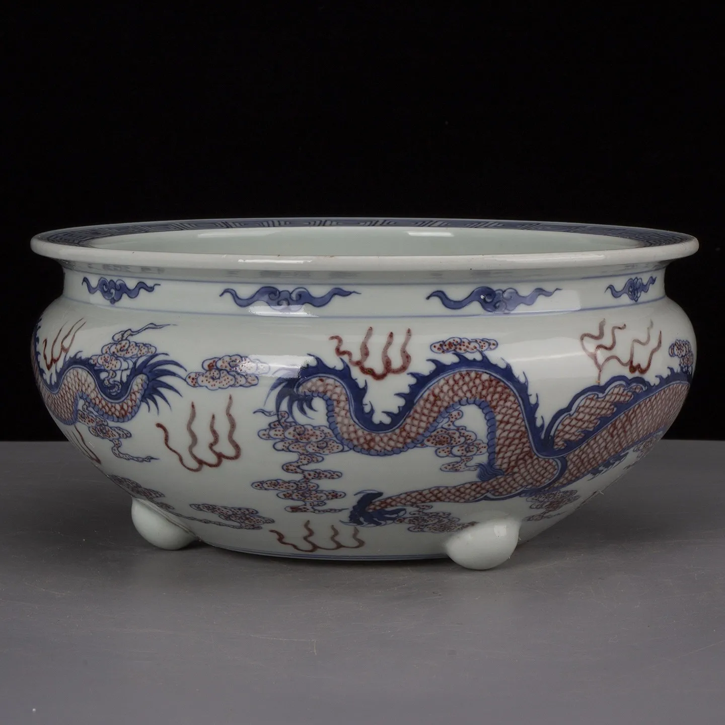 Chinese Blue and White Porcelain Incense Burner Yuan Red Dragon Design 9.65 inch