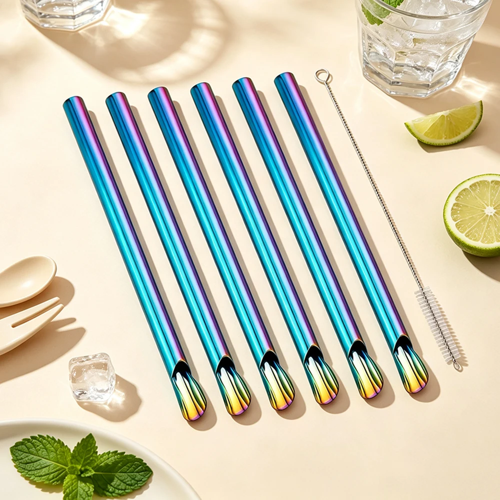 3/4/7Pcs Stainless Steel Straw Reusable Pearl Milkshake Bubble Tea Straws with Brush Stirring Smoothie Spoon Shaped Straw Set