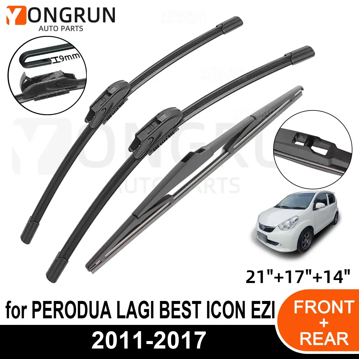 3PCS Car Wiper for PERODUA LAGI BEST ICON EZI 2011-2017 Front Rear Windshield Windscreen Wiper Blade Rubber Accessories