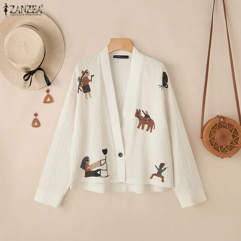 

2025 ZANZEA Women Cardigan Autumn Spring Open Front Blouse Casual V Neck Long Sleeve Tops Female Holiday Cover Up Cartoon Kimono