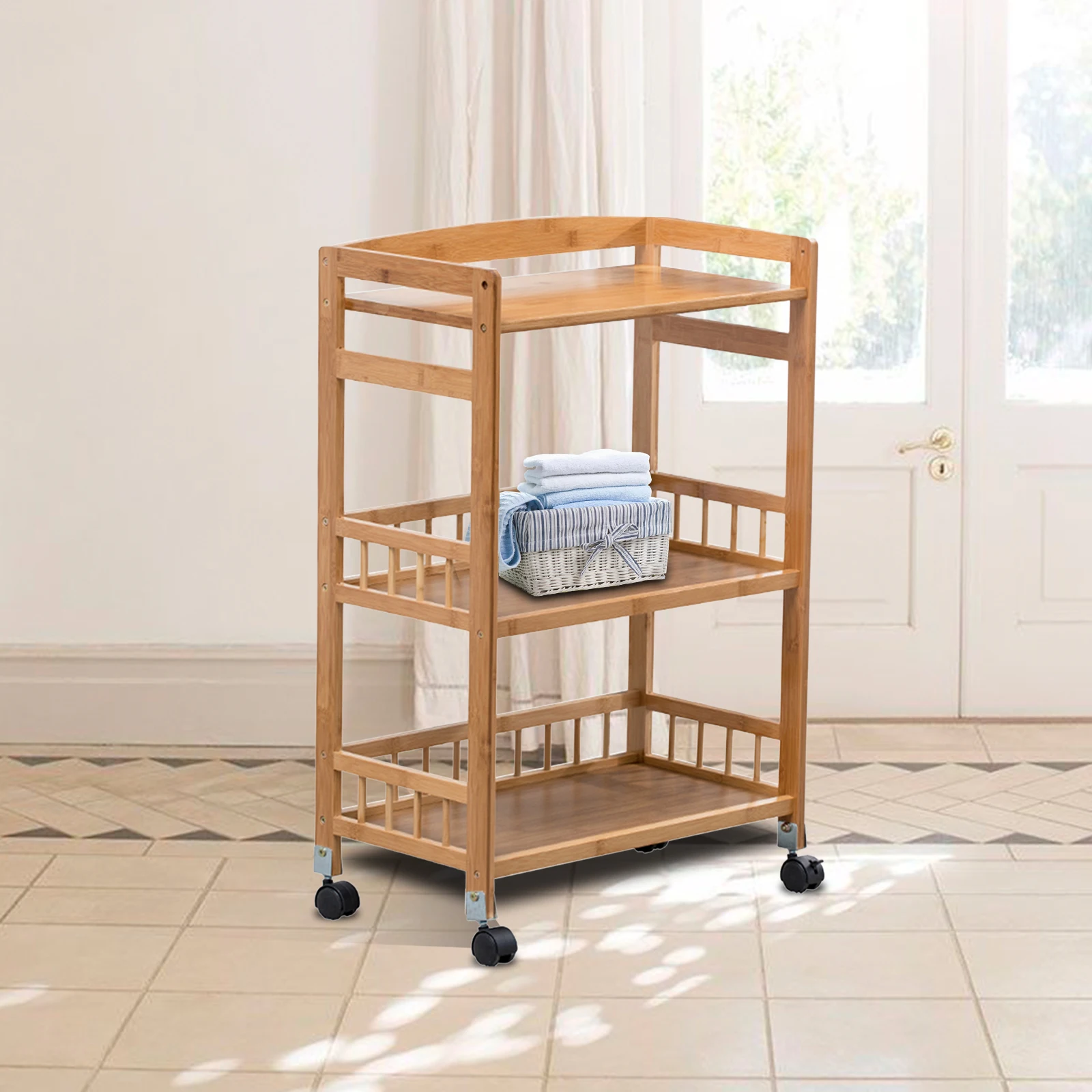 

3-Tier 80cm Height Bamboo Kitchen Serving Cart with Wheels - Rustic Wood Color Rolling Utility Cart for Dining Room, Living Room