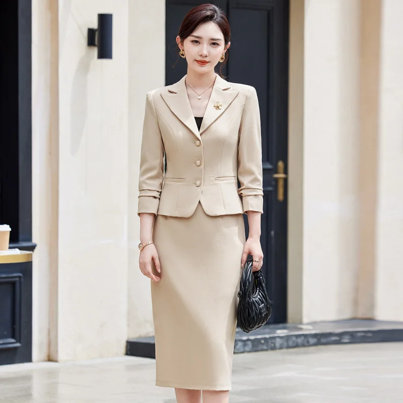 NAVIU ผู้หญิง Elegant Office ชุดกระโปรง Slim Fit Monochromatic Single Breasted Blazer ชุดใหม่แฟชั่น 2 ชิ้นชุด