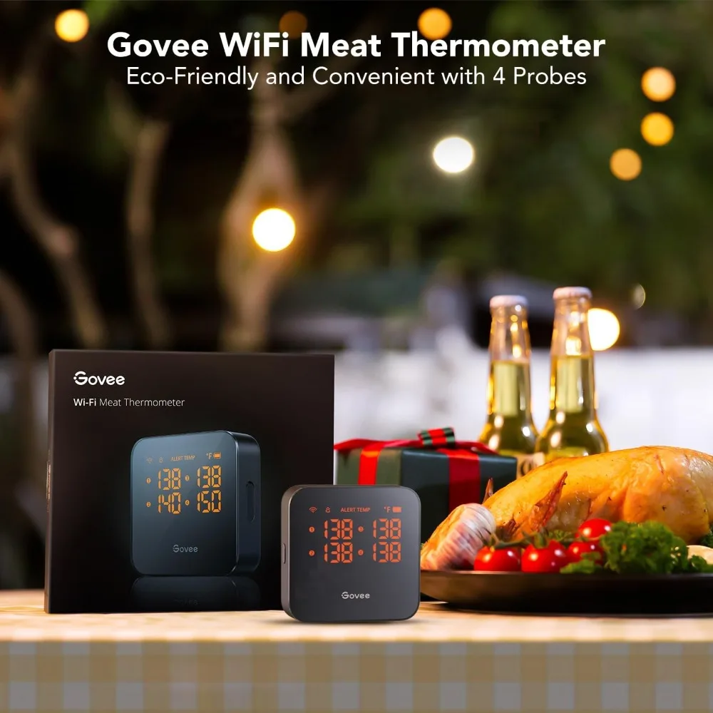 Termómetro de carne WiFi con 4 sondas, termómetro inteligente para parrilla con Bluetooth, alerta de notificación por aplicación remota