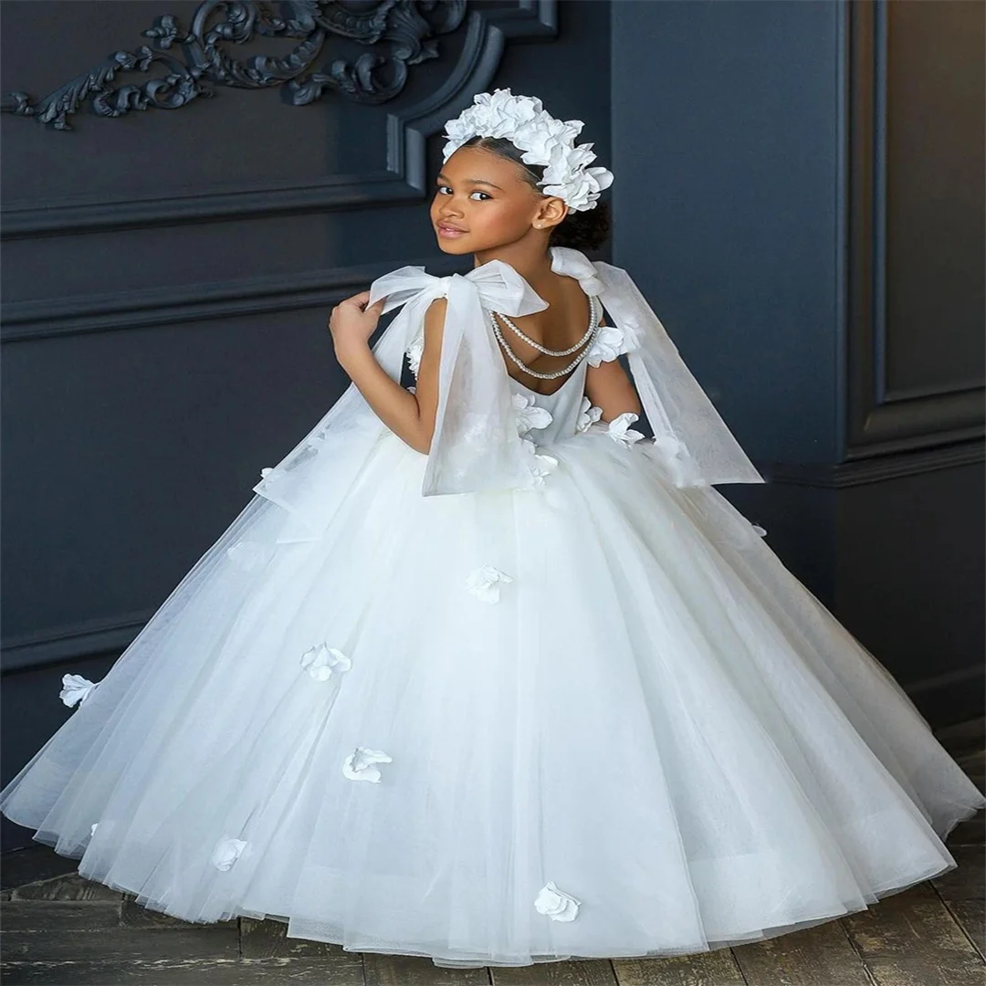 Bow Sleeveless Flower Girl Dresses For Weddings Elegant Tulle Appliques First Communion Dress Kids Formal Party Gown