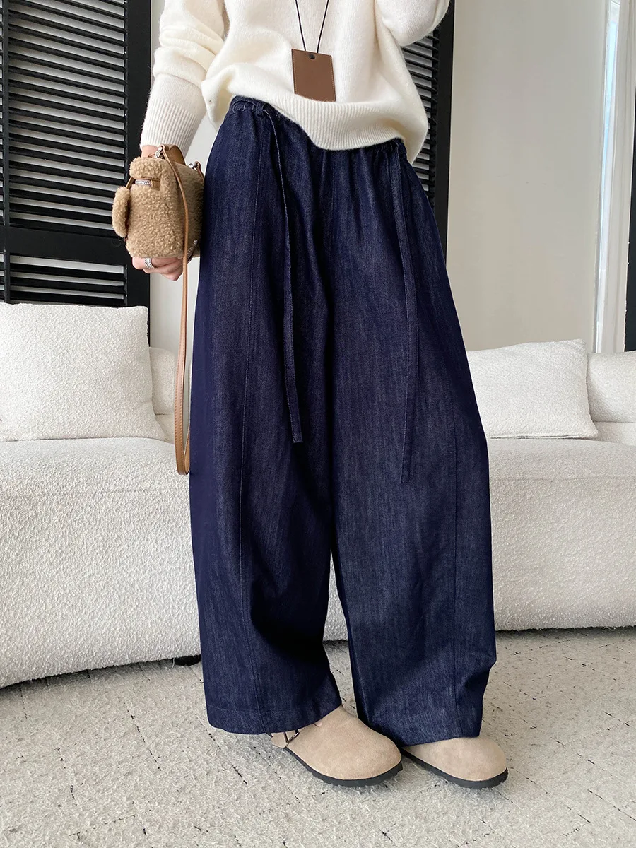 Autumn new casual solid color retro loose high waisted wide leg jeans