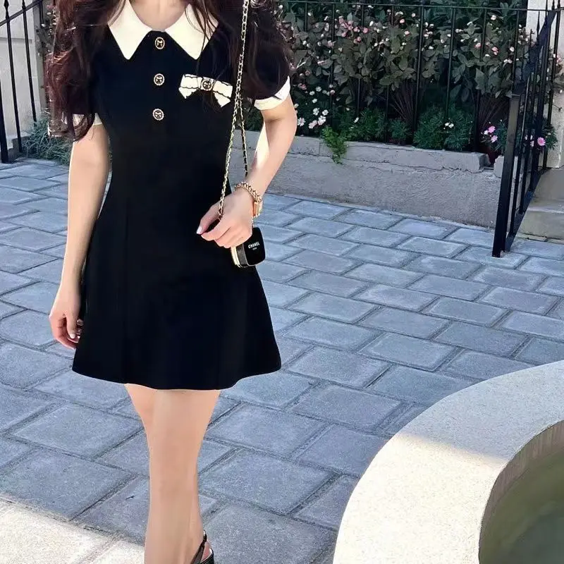 

Academic Style Sweet Fashion Polo Collar Short Sleeve Summer New Women Lower Back A-word Contrasting Colors Elegance Dress