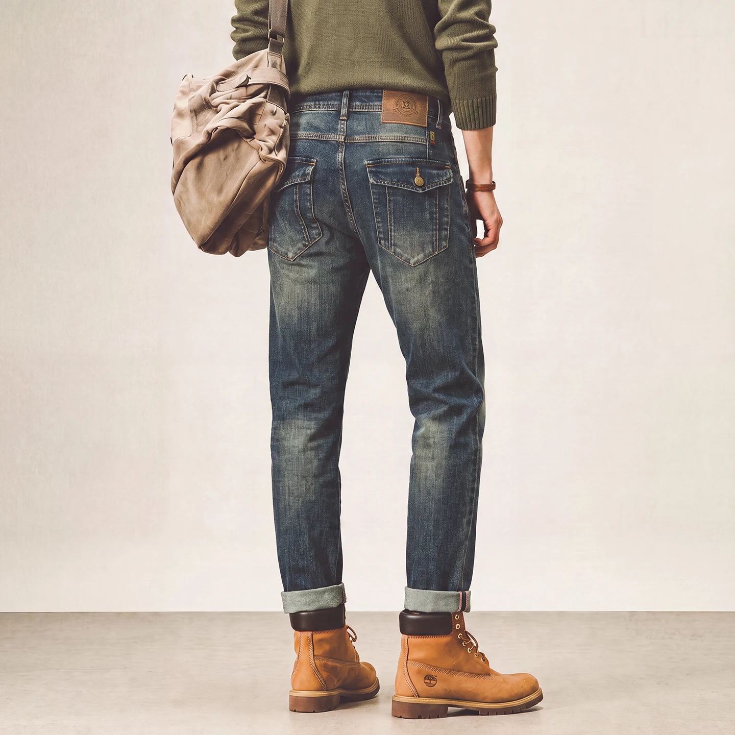 Autumn American Retro High Quality Classic Jeans with Rivets, Flap Pockets, Fitted Straight Men's Cotton Stretch Denim Trousers