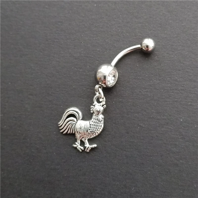 Punk Rooster Charm Belly Button Ring, Rooster Dangle Pendant 14G Navel Barbell Ring, Quirky Piercing Belly Bar Body Jewelry