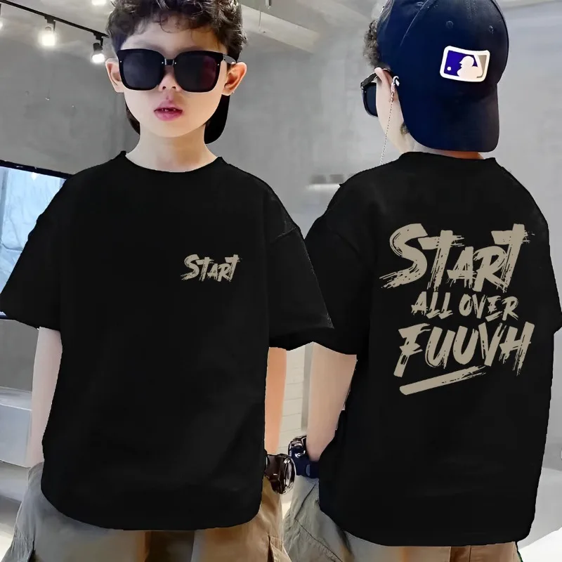 Summer Fashion Brand Letter Printed Loose Children's T-shirt Retro Pure Cotton Parent-child Outfit New Casual Round Neck T-shirt