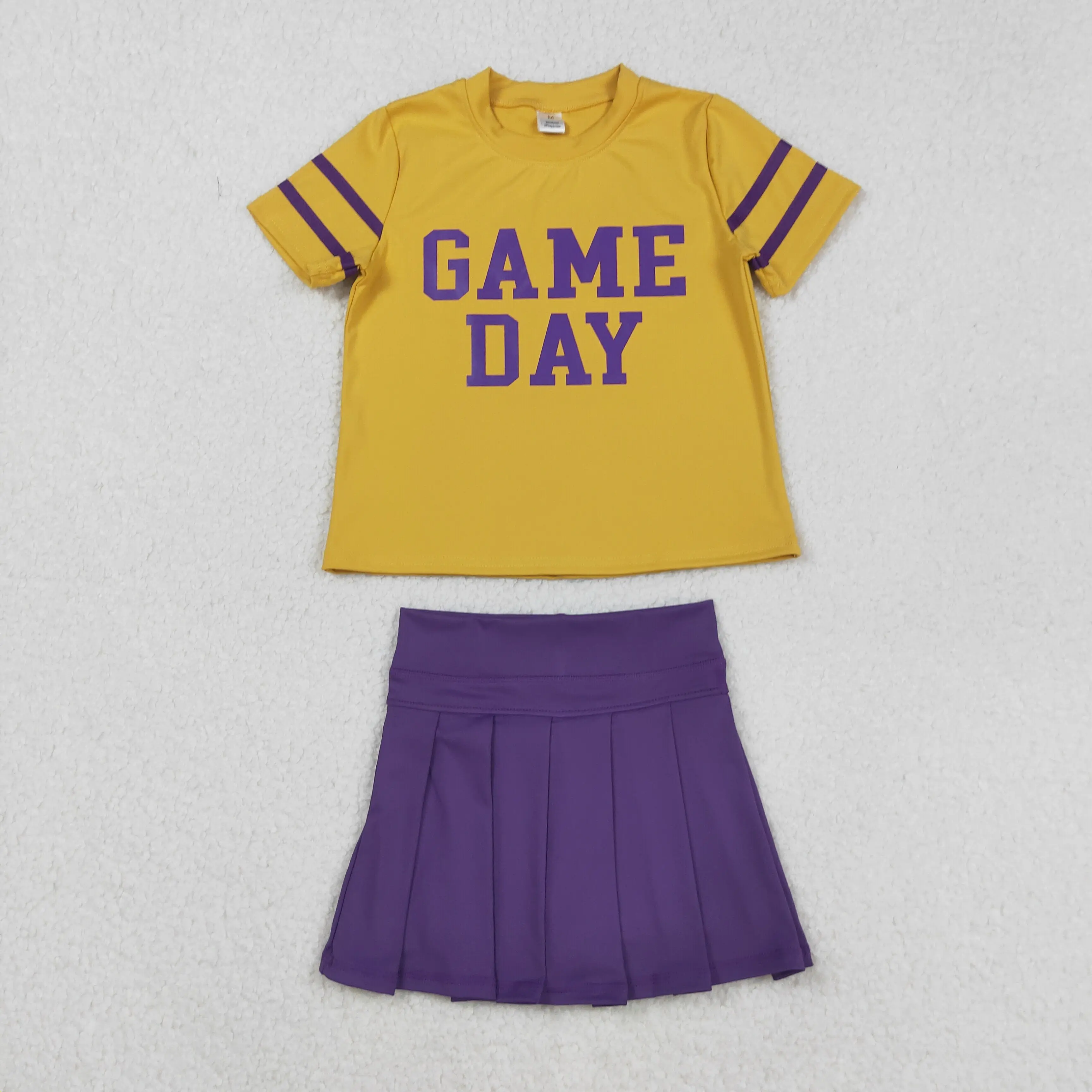 

Baby Girls Yellow Purple Game Day Cheer Top Skorts Set Short Sleeve Pleated Skirt Team Yoga Outfit for Kids