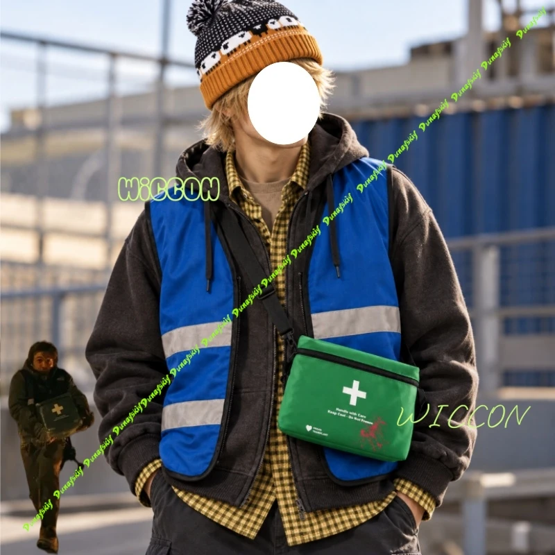 Disfraz completo de Bryan de Resident Evil, peluca, chaleco azul, botiquín de primeros auxilios, gorro de lana y camisa para hombres y mujeres, ideal para Halloween y juegos de rol.