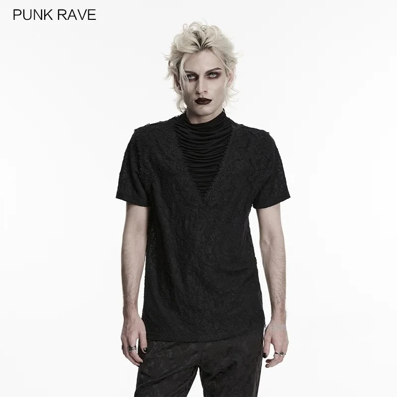 PUNK RAVE Men's Gothic Patterned Knitted & Solid Color Pleated Drape T-shirt Rebellious Vibe Harajuku Dark Tops