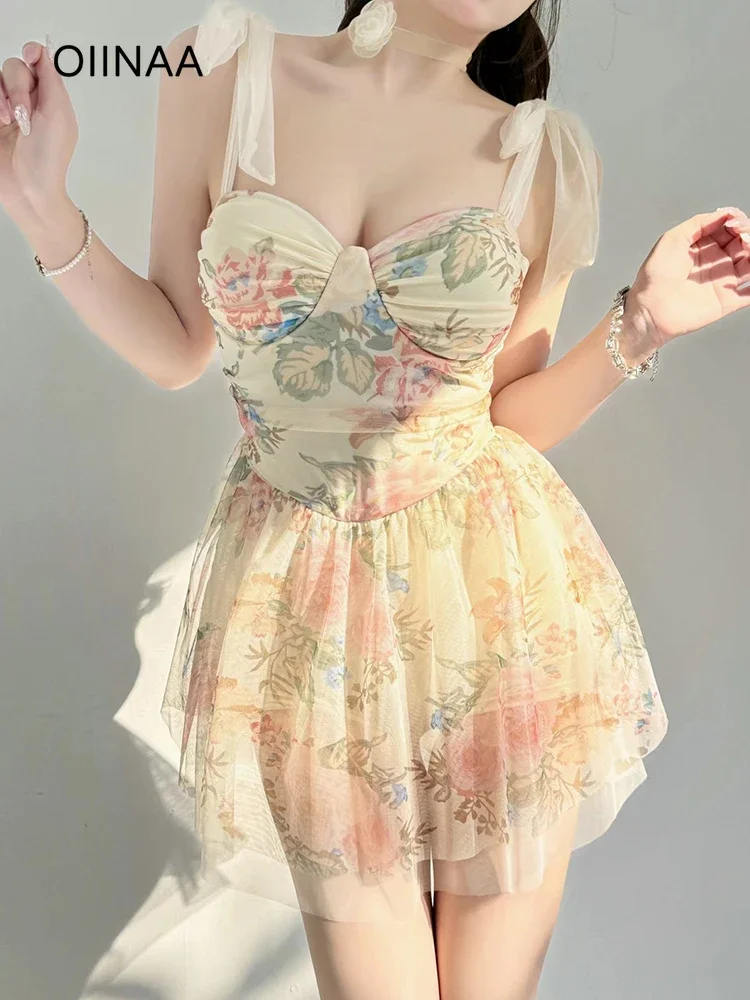 

OIINAA Printed Swimming Suit for Women Mesh Lace Up Beach Dress Holiday Fashion Bathing Suit Summer 2025 Casual Korean Bodysuit