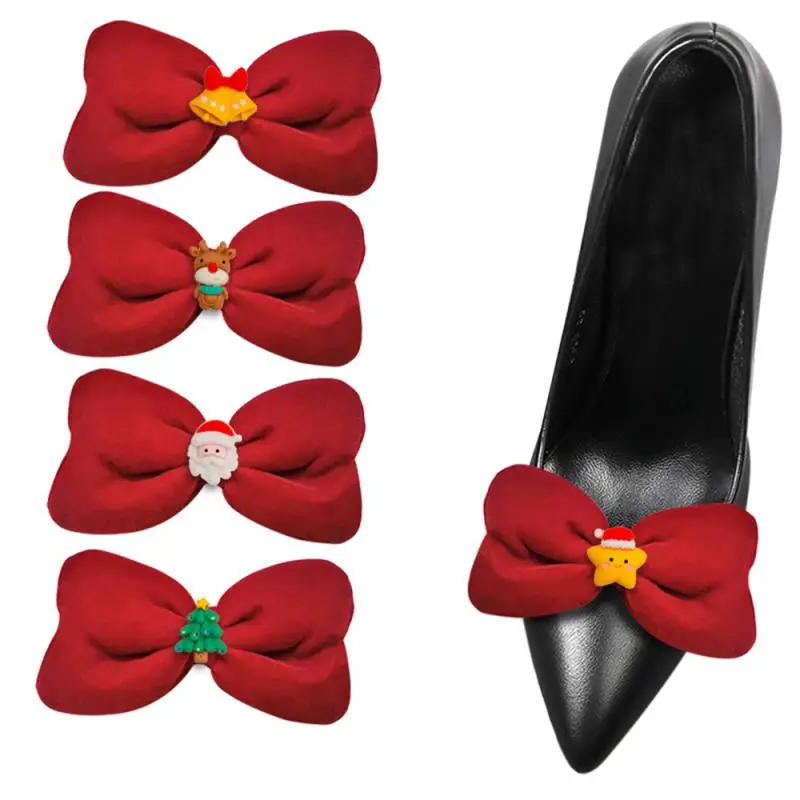 1Pair Christmas Bow Shoe Clips Red Color Velvet Shoe Buckle Bell Elk Star Christmas Tree Shoe Decoration Shoe Accessories