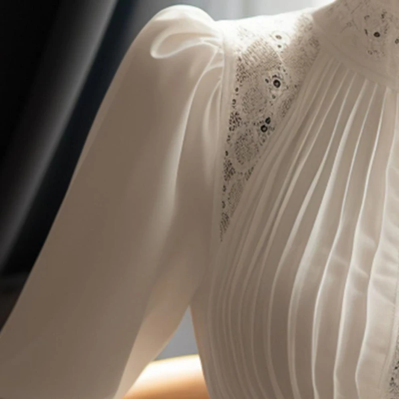 الربيع السيدات المرقعة تفريغ الدانتيل كم طويل قميص بلايز جديد الكورية موضة المرأة بلون الوقوف طوق البلوزات