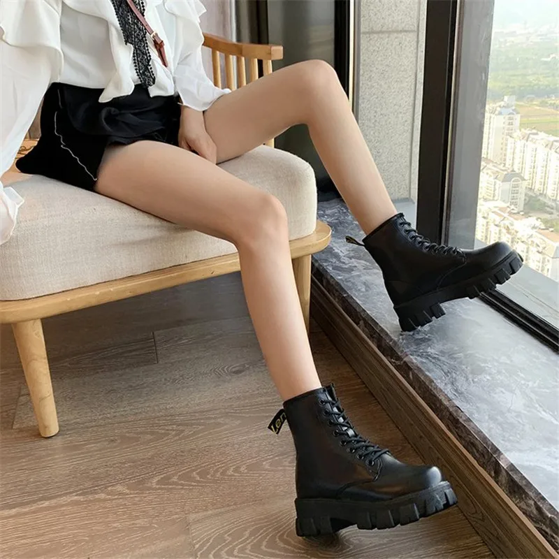 Botas Women Motorcycle Ankle Boots Wedges Female Lace Up Platforms Spring Black Leather Oxford Shoes Woman 2020 Botas Mujer