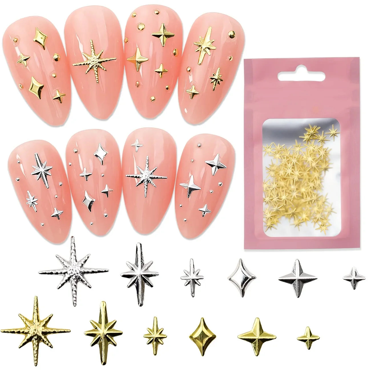 Acquista all'ingrosso Paga una tariffa di spedizione solo 100 pezzi Starlight Nail Rivet Studs Oro Argento Stelle Luce Nail Art Charms Asterismo