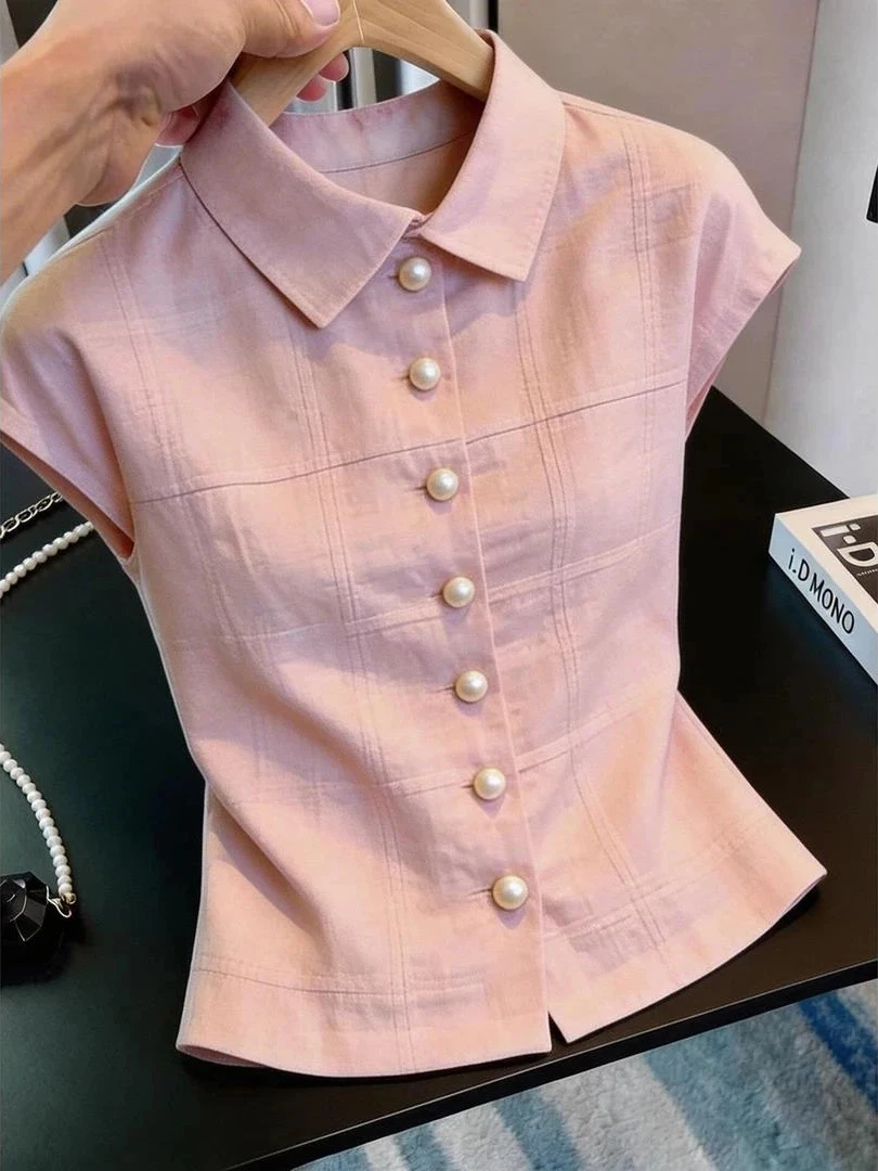

plus Size Pink Cute Doll Collar Short Sleeve Women's Shirt Summer New Style Fashion Pearl Button Slimming Commute Top