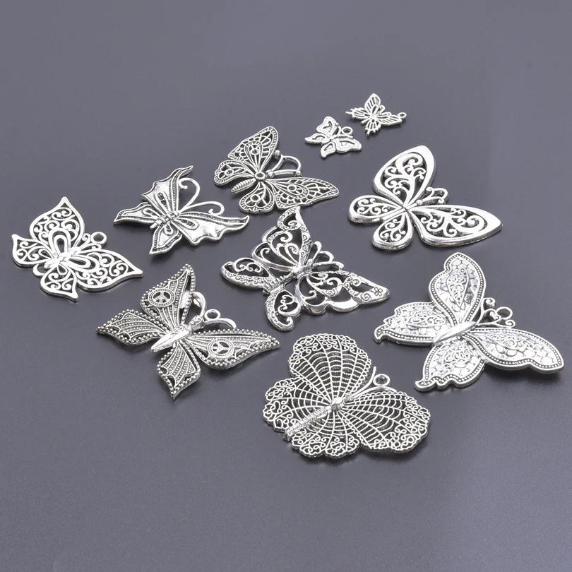 10pcs/Lot Big Hollow Out Butterfly Charms For Jewelry Making Charm Animal Pendant Silver Color DIY Necklace Vintage Accessories