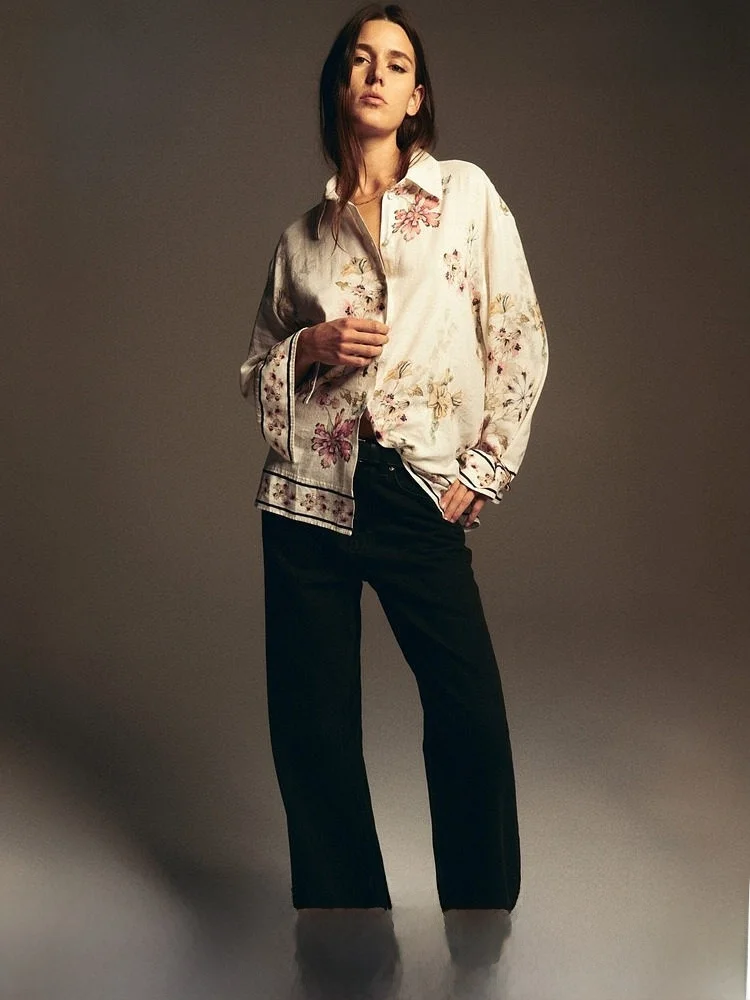 

H&M Women's Linen Blend Shirt Casual Loose Fit Long Sleeve Printed Collar Button up Spring Regular Thickness 55% Linen 45% Rayon