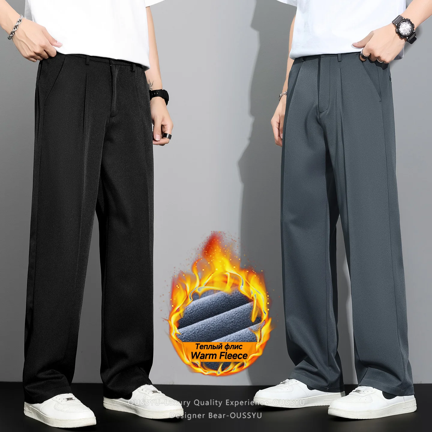 2026 Winter Fleece Warm Korean Style Men's Loose Straight Draping Casual Pants Slacks Khaki Office Work Formal Trousers Male