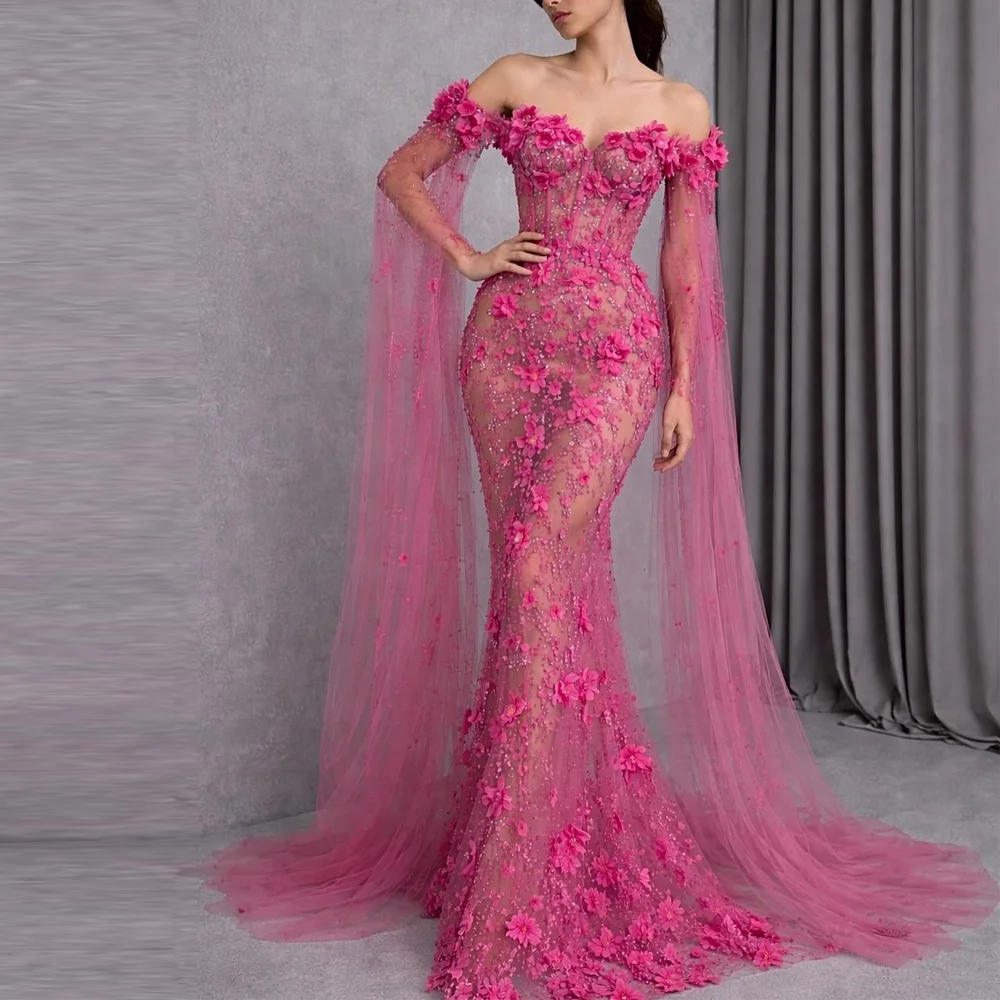 

Customized Illusion Floral Lace Evening Dress Off the Shoulder 3D Flower vestidos de gala 2026 Tulle Mermaid Celebrity Gown