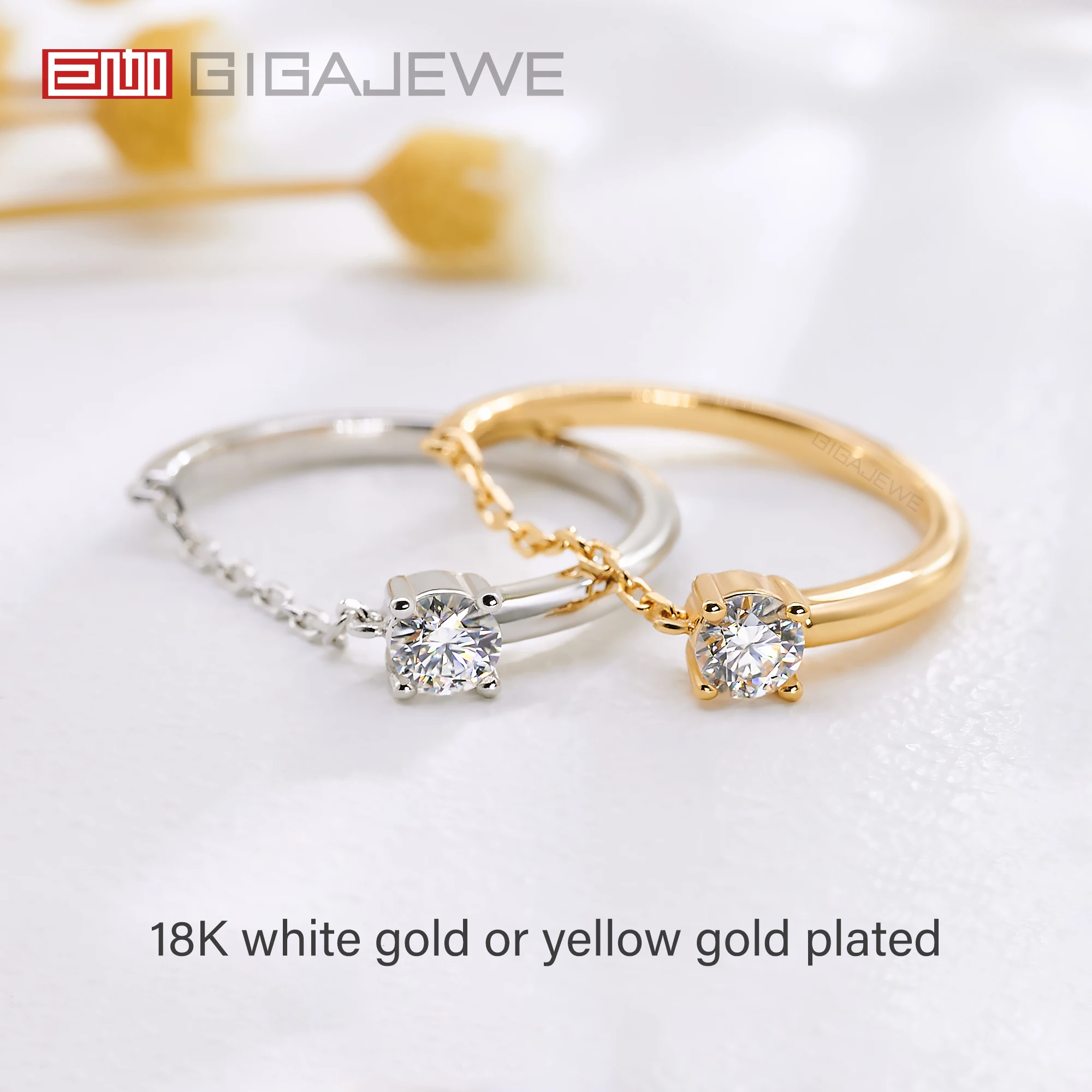 GIGAJEWE Moissanite New 0.1/0.3ct  NovaColor VVS1 Round Cut Diamond Test Passed 18K Gold Plated 925 Silver Chain Ring Girl Gift