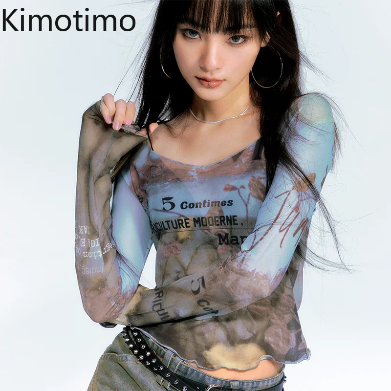 Kimotimo Oil Painting Mesh Print Y2k T-shirt Women Summer Casual Spicy Girl Sun Protection Outerwear Top Street Long Sleeve Tees