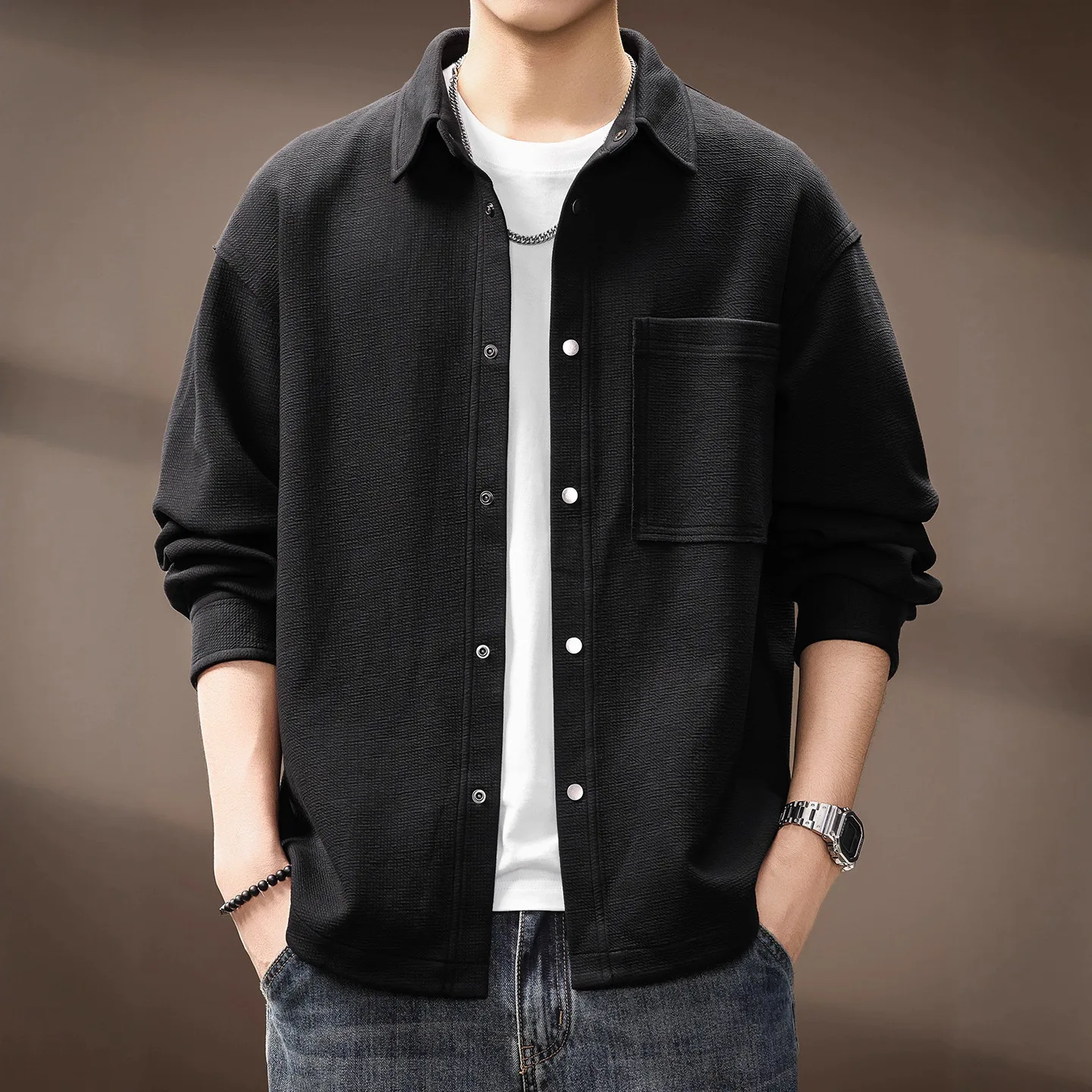 New Fashion American Style Men Solid Color Black Loose Turn-down Collar Long Sleeve Breasted Spliced Casual Shirt Cardigans Tops