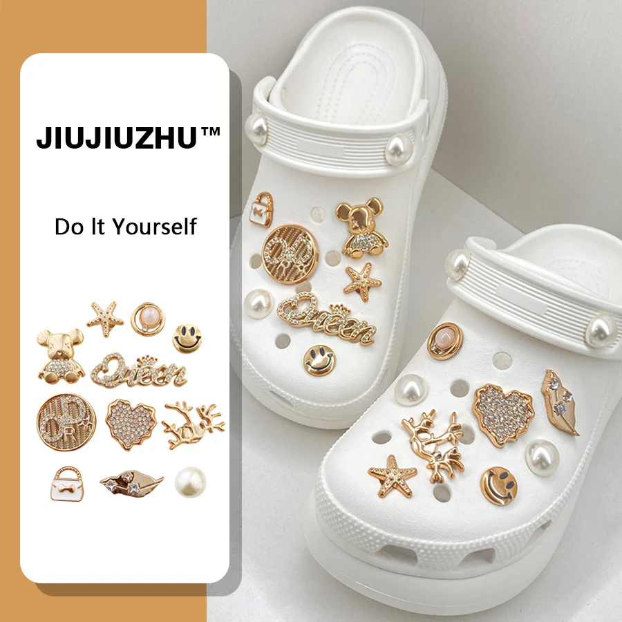 1 set Golden Faux Pearl Rhinestone Detachable Pins Charms Suitable For Crocs Clogs Bogg BagShoe Decoration Gift