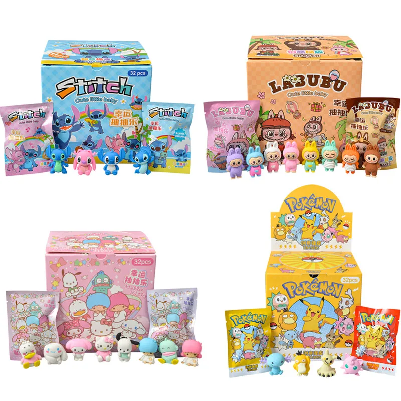 32Pcs/Set Blind Box Anime Sanrio CapyBara Labubu Stitch Figure Cartoon Eraser Model Doll Toy For Children's Gift