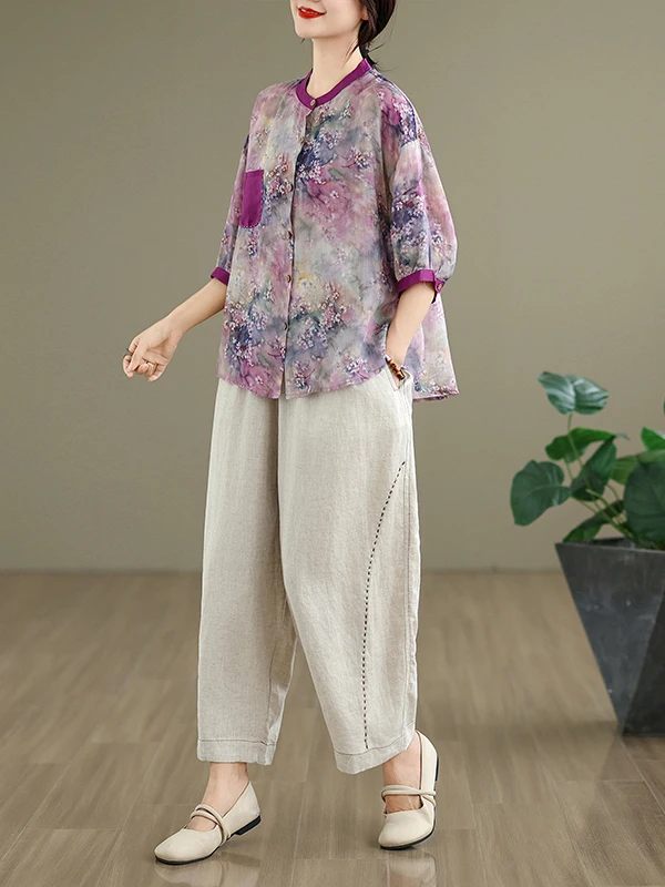 

Faionable Casual Cotton Linen irt Set Women's Summer Large Size Mom Hemp Casual Pants Two Piece Set round Ne Button up