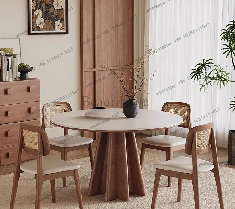 Medieval rock slab dining table, modern simple matte pure white full support solid wood round table