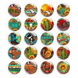 Western Sunflower Horseshoe Cow Boy Head Round Photo Glass Cabochon Demo Flat Back For DIY Jewelry Making Supplies Snap Button