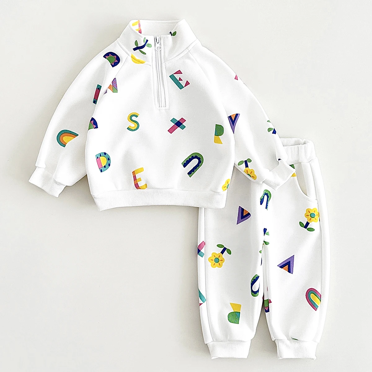 Baby Boys Clothes Sets Fall Fleece Warm Zipper Sweatshirt Color Print Letters Thick Pants Winter Newborn Girls Infant Suits