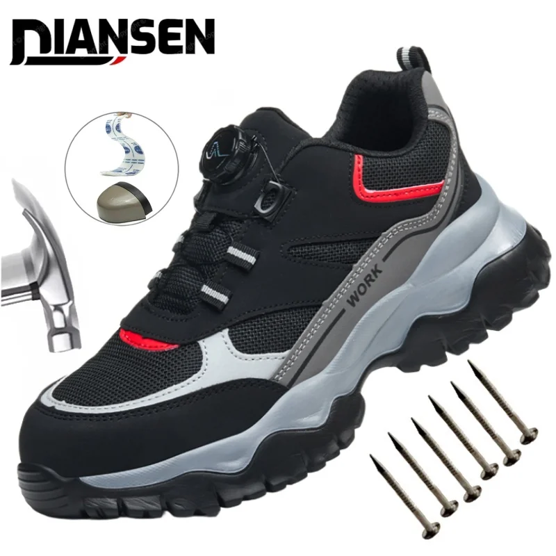 Men's Steel Toe Safety Shoes with Rotating Button Puncture Proof Work Boots Protective Platform Industrial Shoes for Men