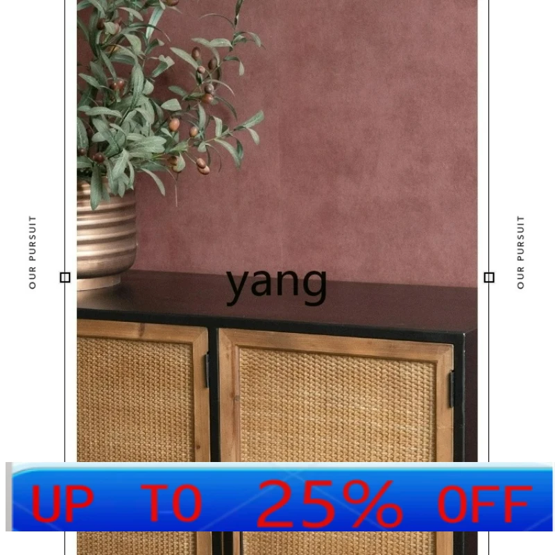 

LMM Retro Simple Metal Iron Art Sideboard Storage Natural Rattan Creative Storage Three Doors