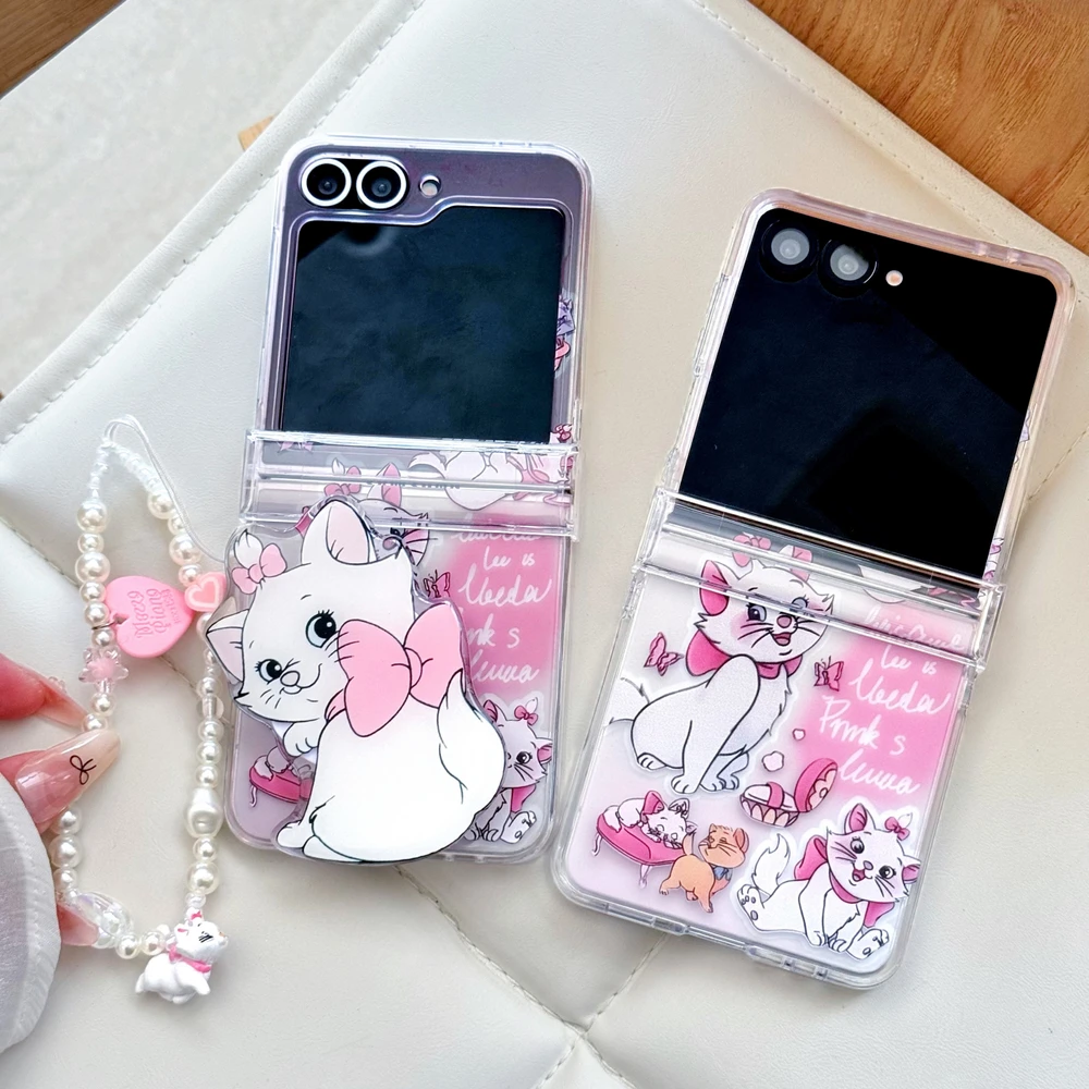 حامل حامل لطيف الكرتون ديزني ماري القط قضية الهاتف لسامسونج غالاكسي Z فليب 7 6 5 4 3 حافظة صلبة من البولي يوريثان مع الحبل