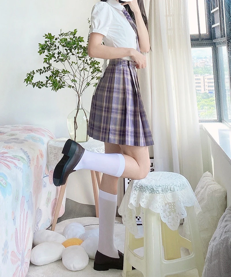 [Kaguya Hime] Meisjes Lange/Korte Mouw Hoge Taille Geplooide Rokken Paars Geruit Rokken Vrouwen Jurk Voor Jk Schooluniform Studenten